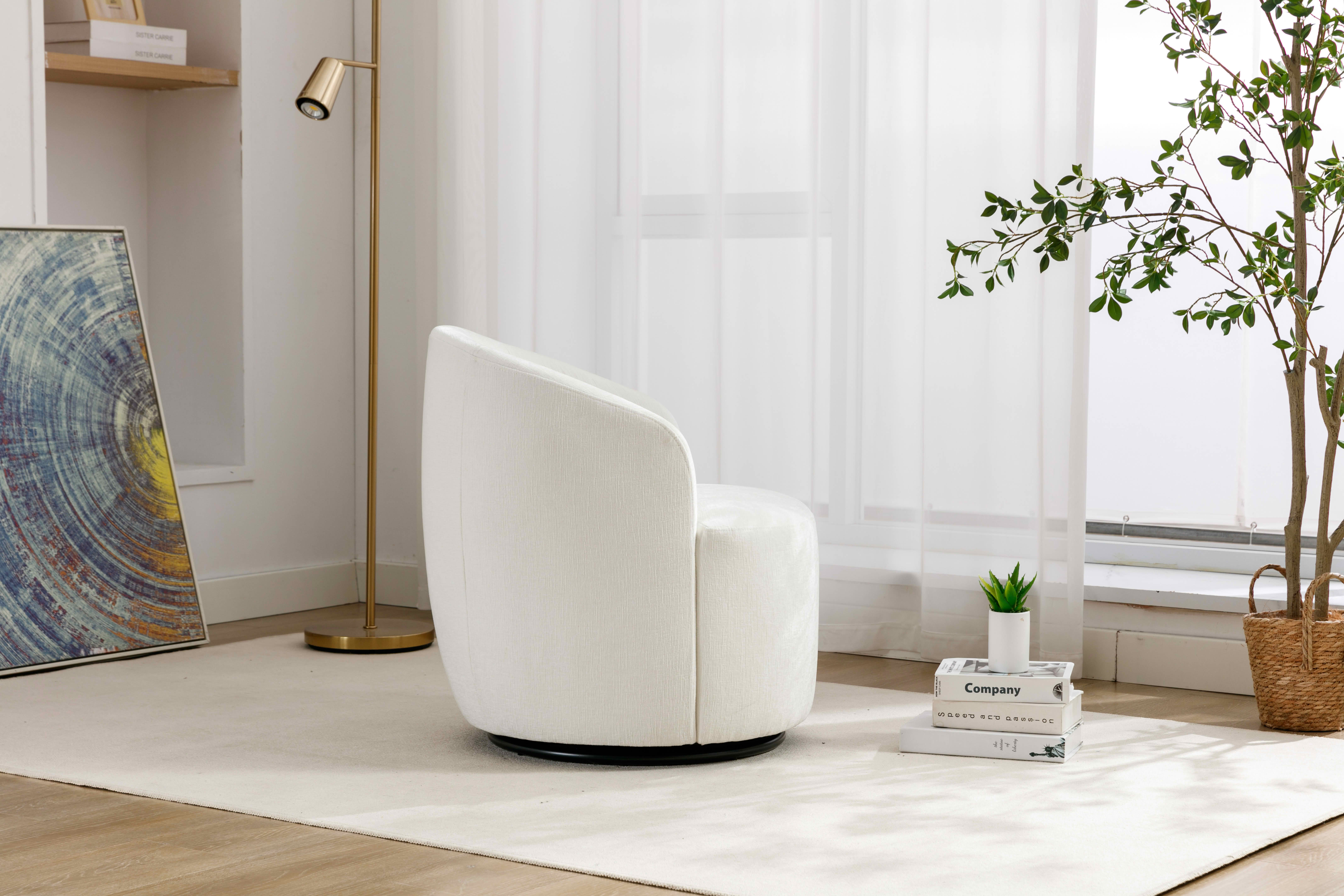 MAYEERTY Chenille Fabric Swivel Accent Armchair Barrel Chair, with Black Powder Coating Metal Ring, Ivory
