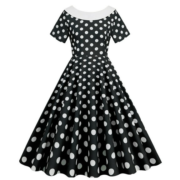 YYDGH 1950s Retro Rockabilly Dress for Women Crew Neck Vintage Elegant Cocktail Party Dress Short Sleeve Polka Dot A-Line Swing Tea Dresses Black XL