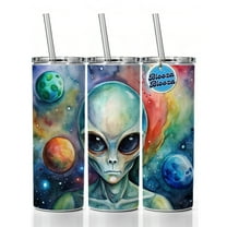 Alien In Space Watercolor 20oz Insulated Water Bottle Skinny Tumbler Includes Straw