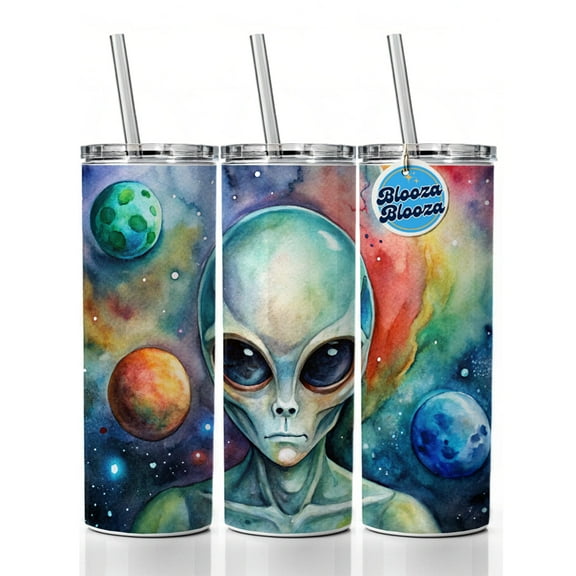 Alien In Space Watercolor 20oz Insulated Water Bottle Skinny Tumbler Includes Straw