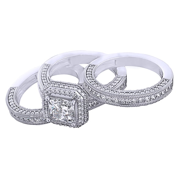 AFFY white cubic zirconia engagement & wedding Trio Halo Ring Set In 14k White Gold (4.66 Cttw)