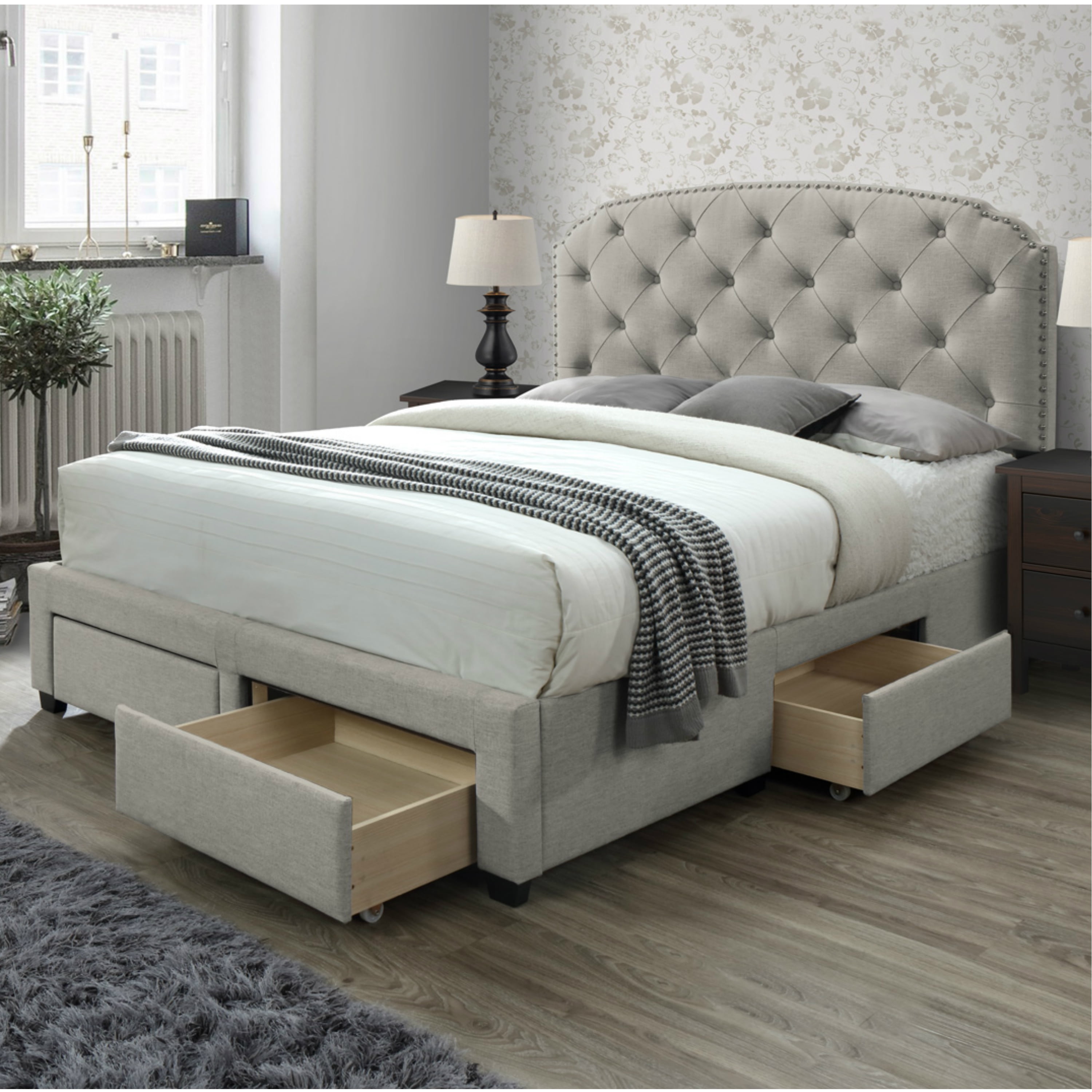 Dg Casa Argo Tufted Upholstered Panel, White King Size Bed With Storage Drawers