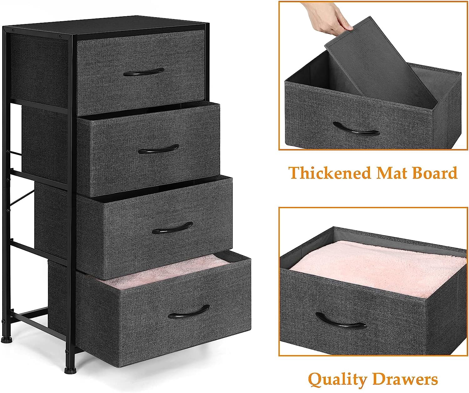 Dresser with 4 Drawers Chest Organizer with Foldable Fabric Bin, Wood Top and Steel Frame, Gray
