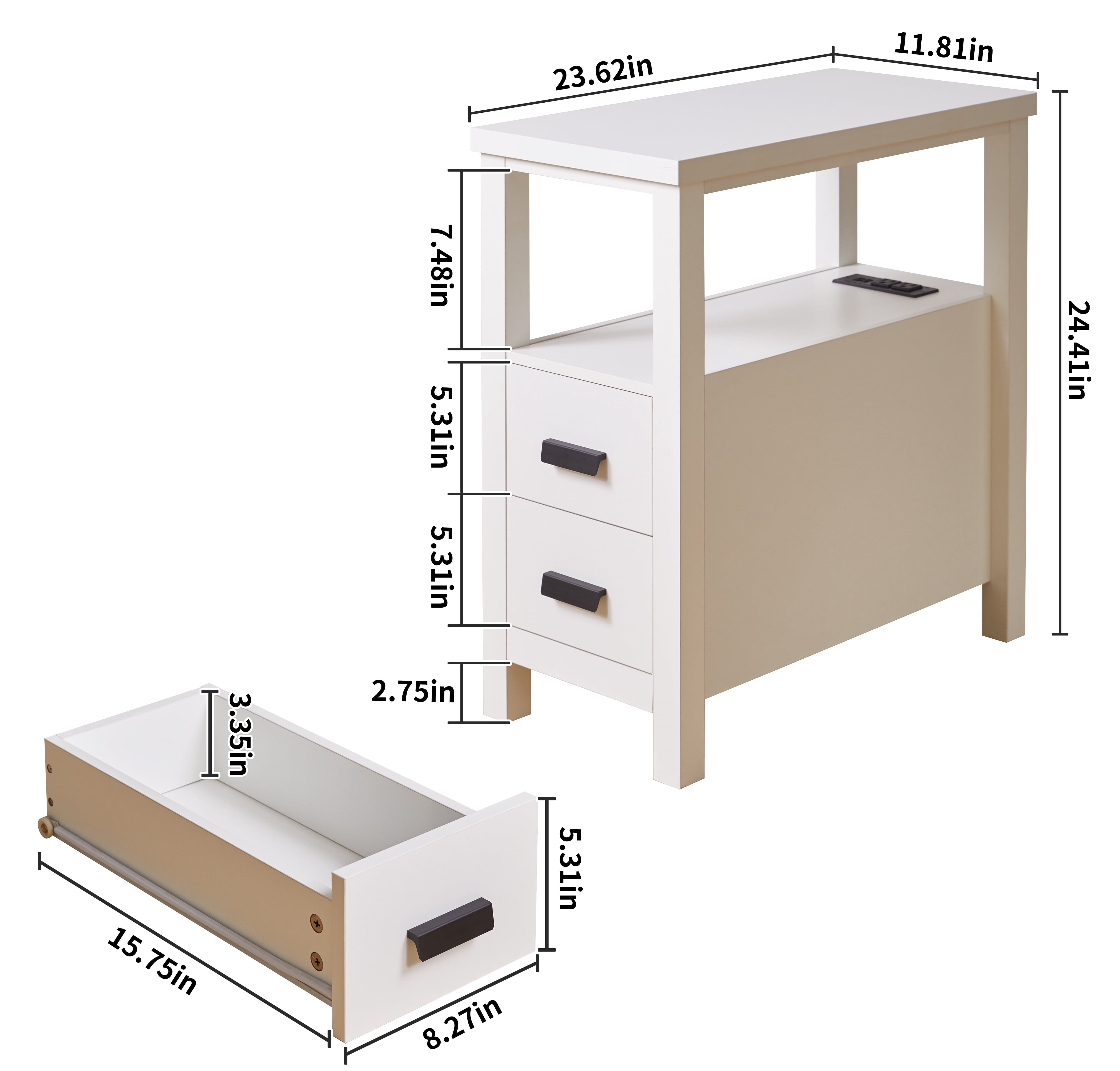 White End Table with Charging Station, 2 Drawers, USB Ports and Outlets, MDF Nightstand