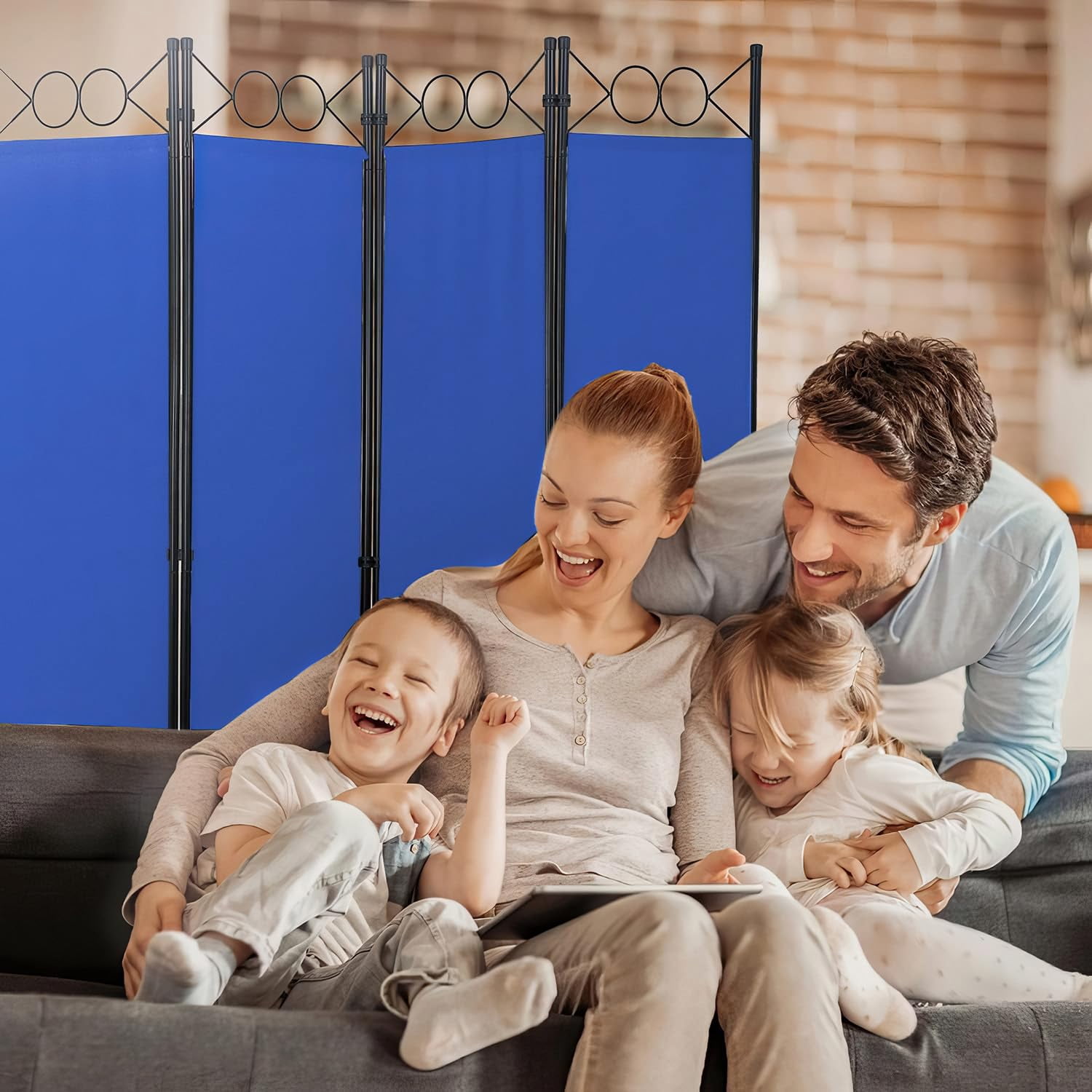 BIQWBIC 4-Panel Room Dividers and Folding Privacy Screens, 6.8 Ft Fabric Partition Screen, Blue