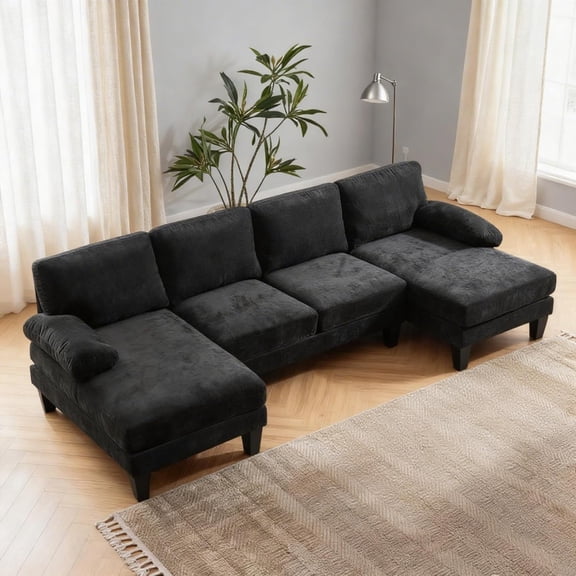 UNBRAND U-Shape Sectional Sofa Couch 111" Modern 4-Seat Sofa with Chaises Chenille Fabric Upholstered Covertible Couch with Wood Grain Legs for Living Room, Reception Room, Apartment, Black
