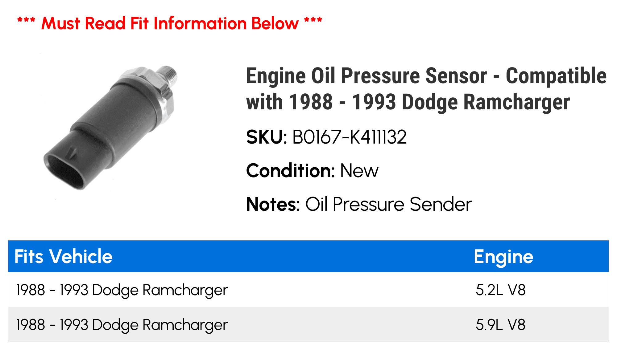 Engine Oil Pressure Sensor - Compatible with 1988 - 1993 Dodge Ramcharger 1989 1990 1991 1992