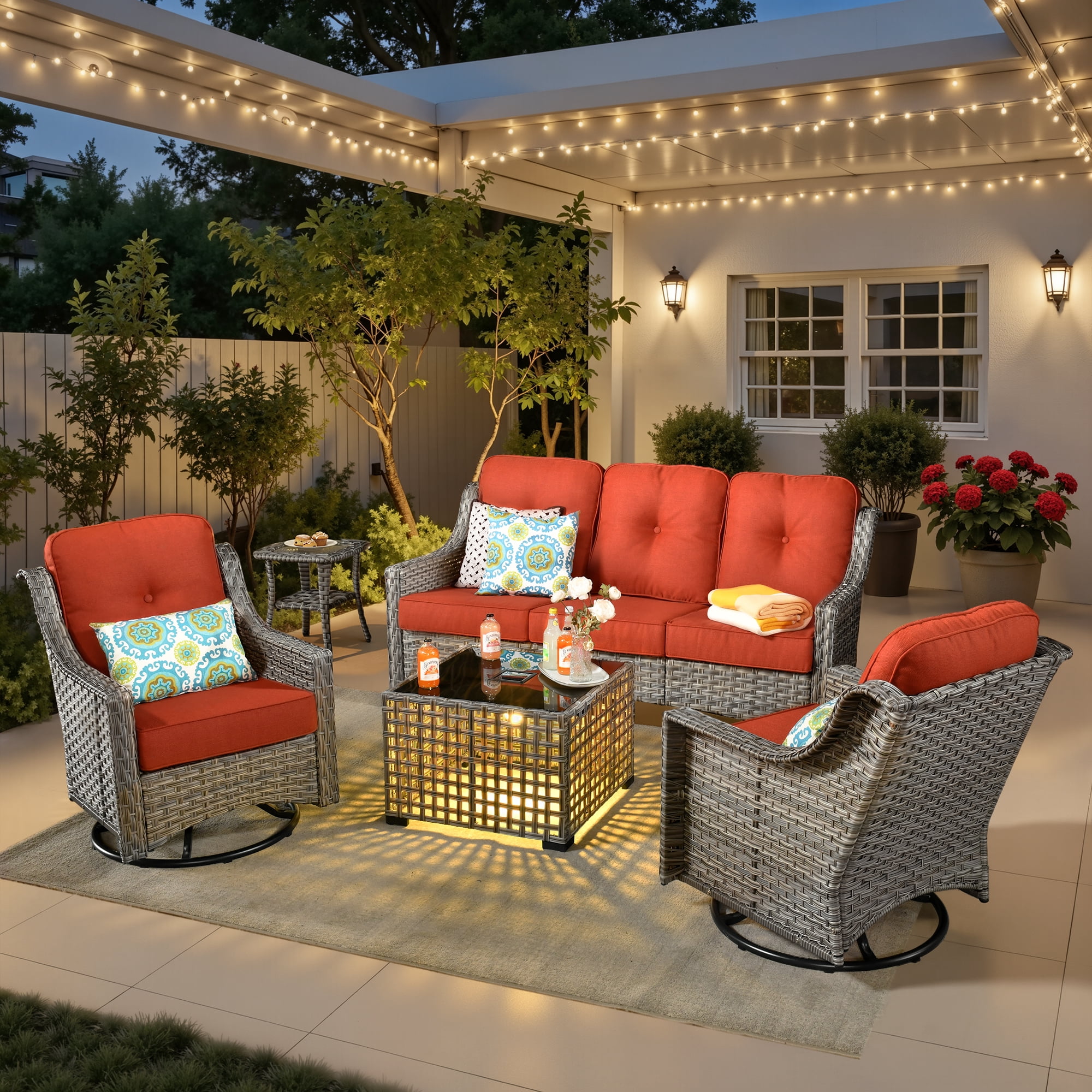Ovios 5 Pieces Outdoor Patio Furniture Set High-Back Rattan Wicker Conversation Set Outdoor Sectional with Swivel Chairs & Solar Light Coffee Table, Coarse Orange Red