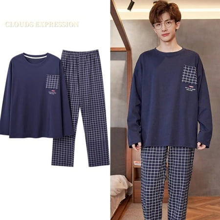 

QWZNDZGR Spring Autumn L-4XL Knitted Cotton Simple Men s Pyjamas Suits Pajamas Set Casual Male Sleepwear Pyjamas Night Pijamas Homewear