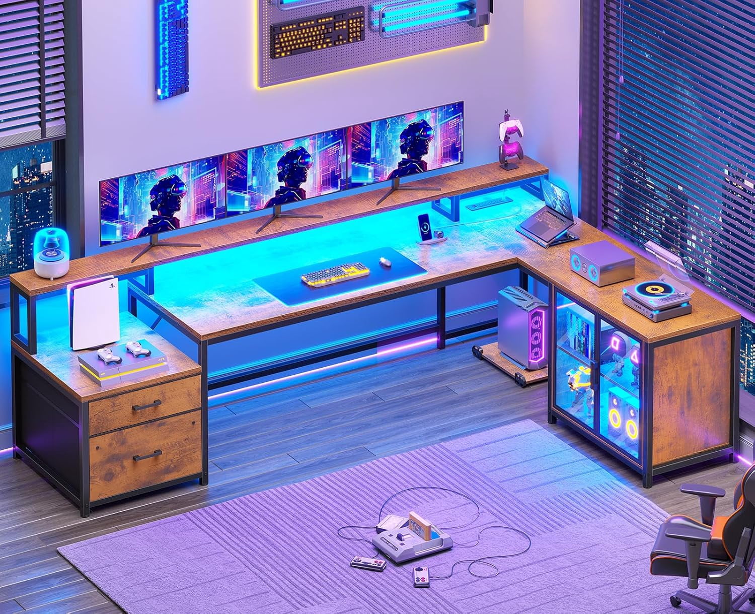 SEDETA L Shaped Desk with Storage, 78 Inch Home Office Desk with Drawers and Cabinets, Corner Computer Desk with Power Outlet & LED Light, Large Computer Desk with Movable CPU Stand, Rustic Brown