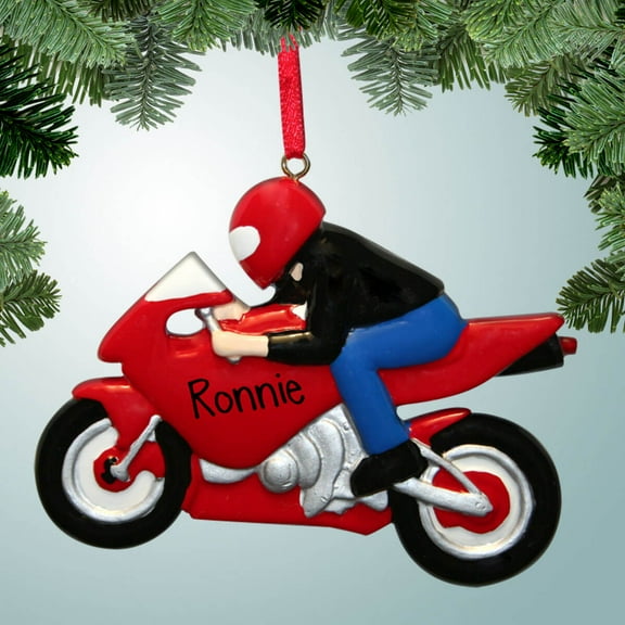 Personalized Red Rocket Motorcycle with Red Helmet Christmas Ornament - Bike Rider - Racing - Great Gift Ideas