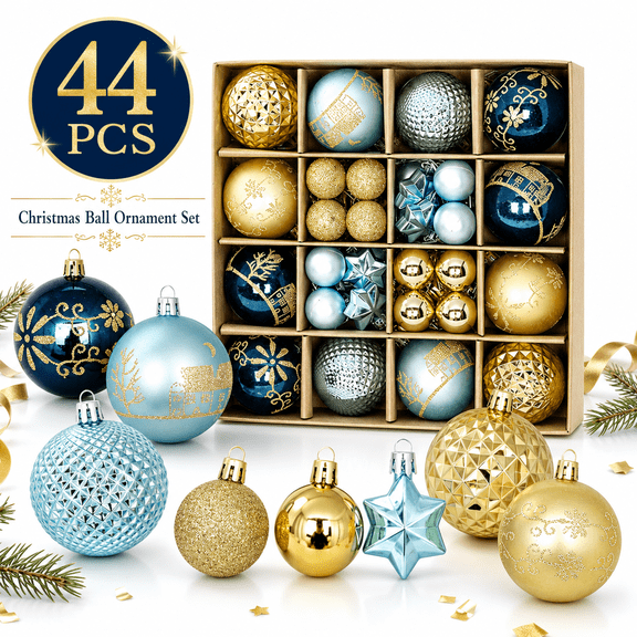 Clearance 44Pcs Christmas Ball Ornaments Set, Blue Gold Electroplated Tree Hanging Balls with Glitter Baubles and Star Pendants, Holiday Tree Decor Kit