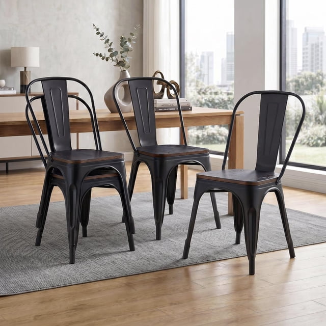 Sillas Tolix 4 Piezas Metal y Madera Para Comedor Restaurante Cafetería Bar negro