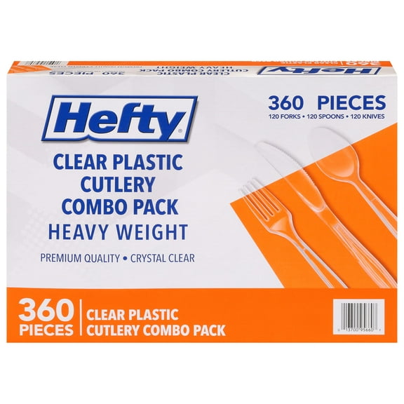 Hefty Heavy Duty Clear Plastic Assorted Cutlery, 360 Total Count, Includes 120 Forks, 120 Spoons, and 120 Knives, Bulk Disposable Plastic Utensils for Large Parties, Picnics, BBQs, Camping, and More