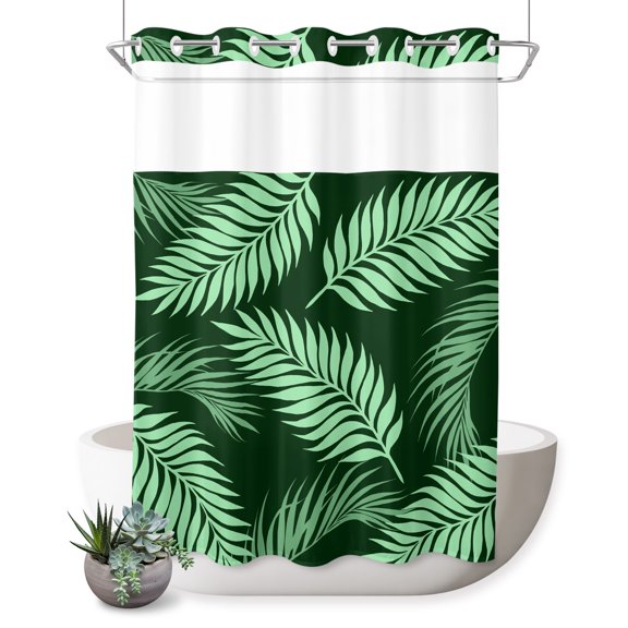 No Hook Shower Curtain, Green Palm Leaves Shower Curtains for Bathroom with See Through Top Window, Summer Tropical Botanical Simple Boho Waterproof & Washable Bath Curtain Extra Long 72"x84"