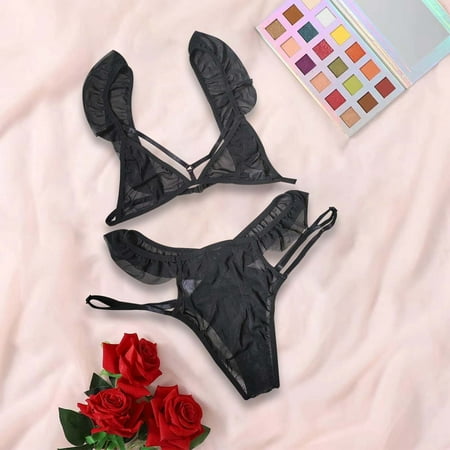 Lace Bra Lingerie for Women Naughty Sexy Lingerie for Women Lingerie Set Sexy Lingerie Lingerie Plus SizeWomen s Solid Color Sexy Mesh Separated Pleated Edge Lingerie SetBlackXL