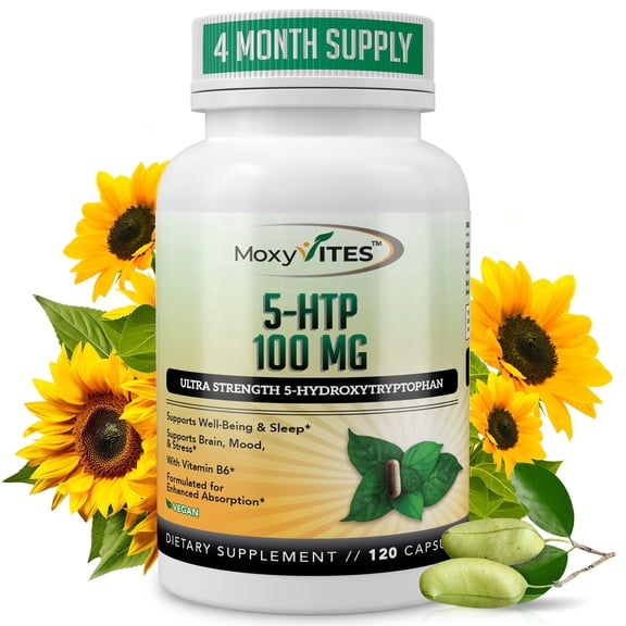 MoxyVites 5-HTP 100mg   P-5-P B6 Mood, Sleep & Stress Support, Gluten-Free, 120 Vegan Capsules