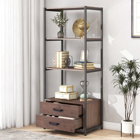 Paproos 4 Tier Brown Bookcase with 2 Drawers, Free Standing Bookshelf with Metal Frame & Wooden Shelves, Tall Bookshelves Industrial Display Shelf Unit Storage Organizer for Bedroom Living Room Office