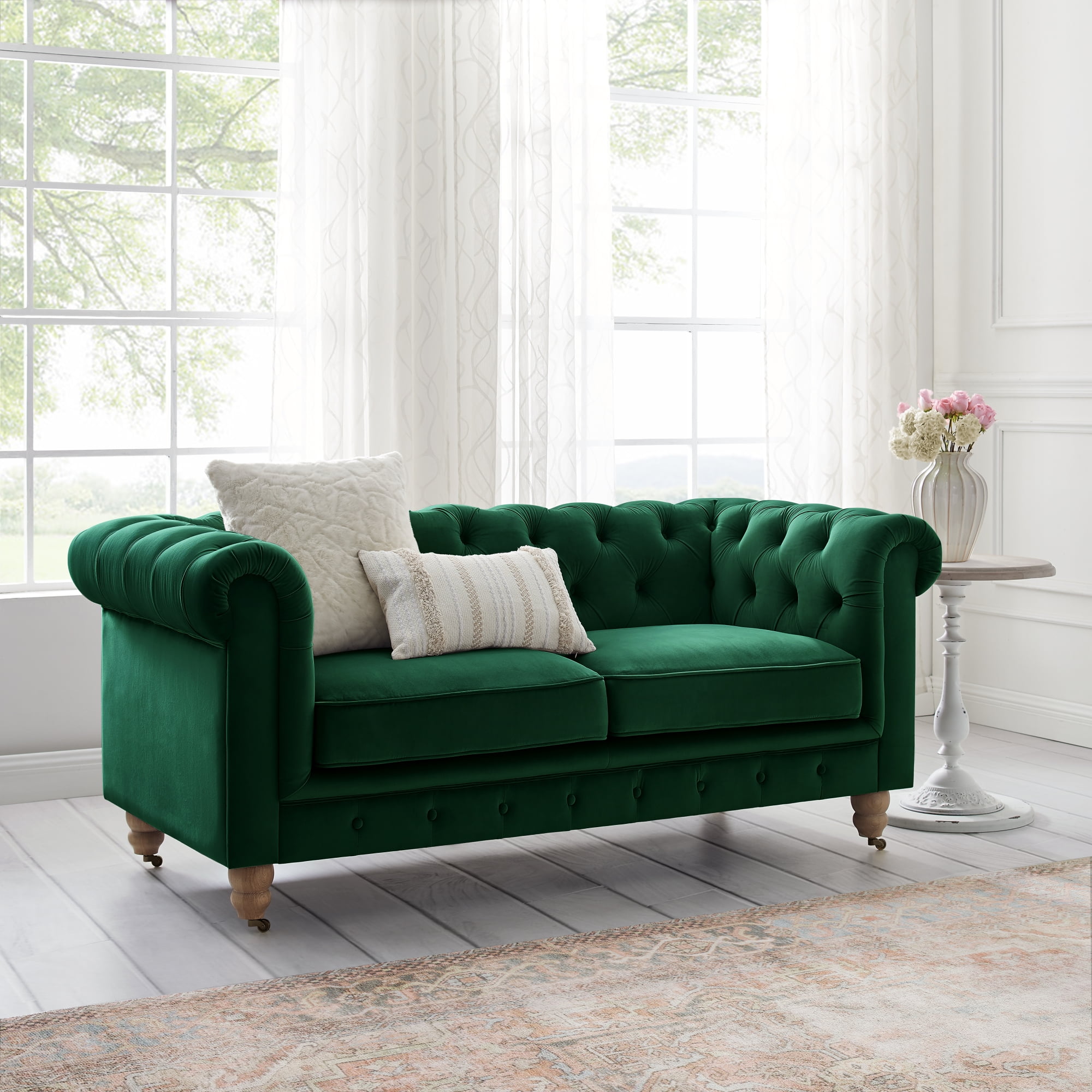 Rustic Manor Audriana Hunter Green Velvet Chesterfield Loveseat 71L x