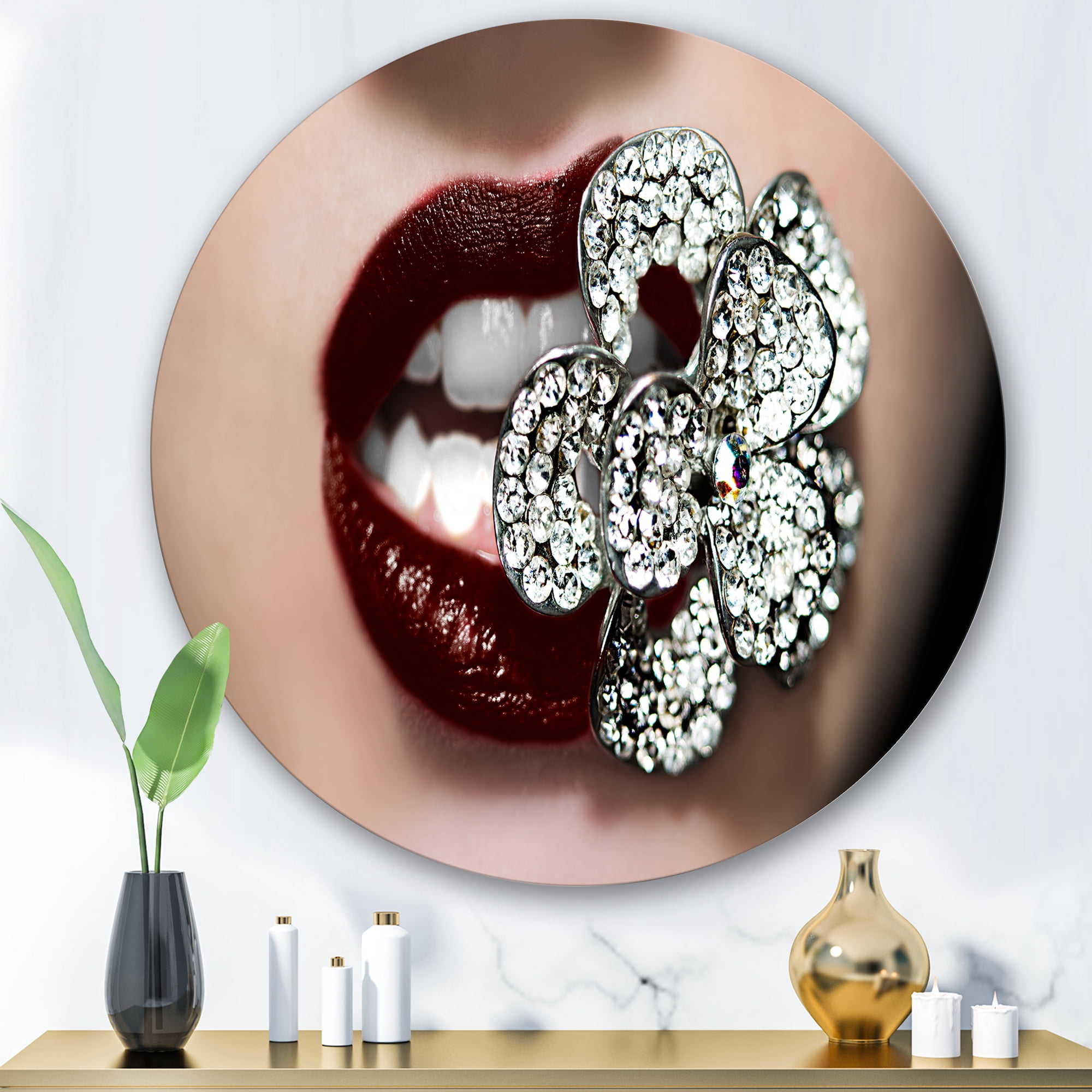 Designart 'Detail Of Sexy Red Girl Lips' Modern Circle Metal Wall Art 29x29 - Disc of 29