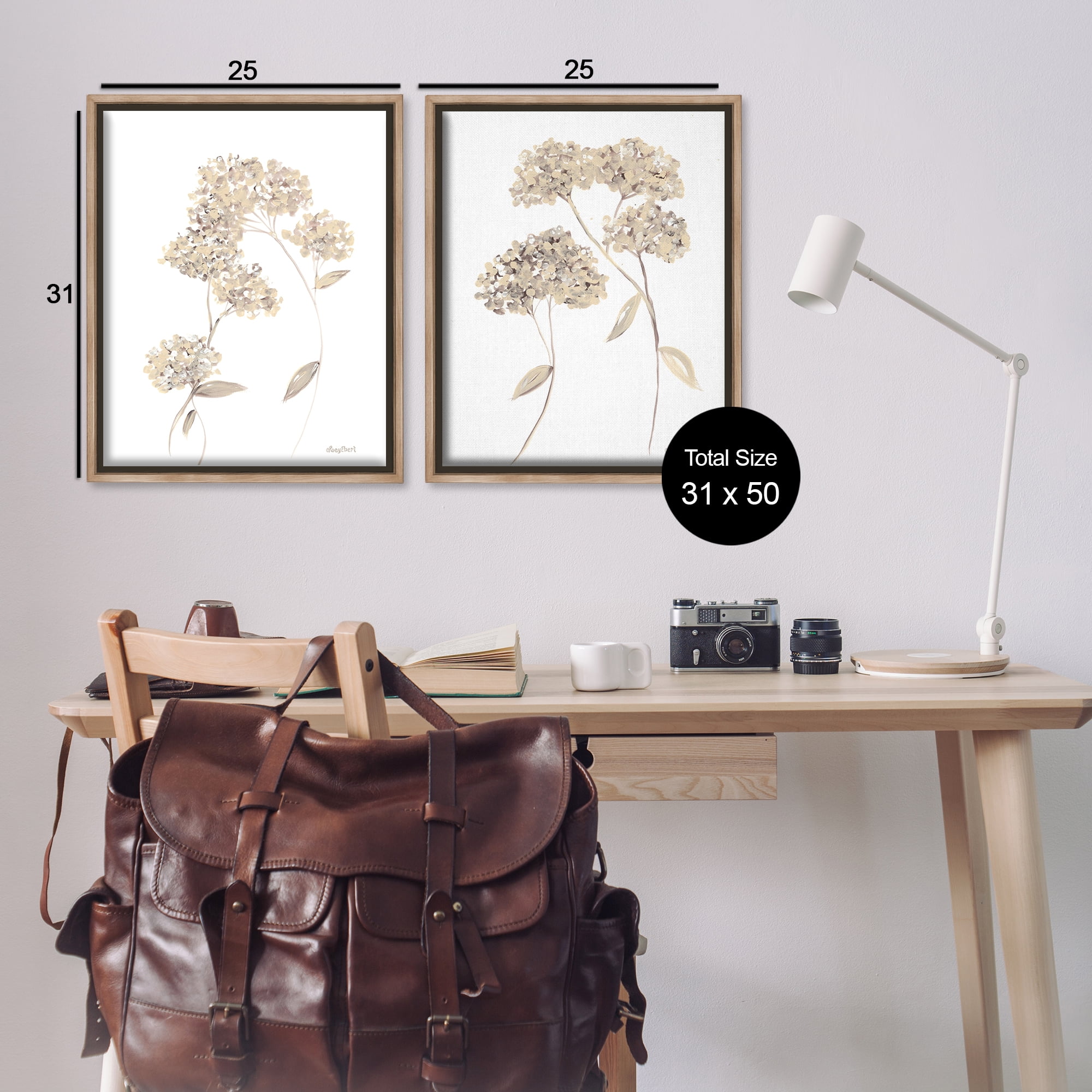 Stupell Industries Plain Beige Blossom Sprig Plants & Flowers Painting Brown Floater Framed Canvas Art Print Wall Art, 31 x 25, Set of 2