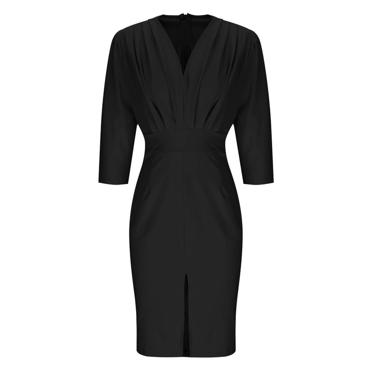 black fitted pencil dress Xaqiouau Women's Solid V Neck 3/4 Sleeve Ruched High Waist Front Slit Fitted Bodycon Midi Sheath Pencil Dress