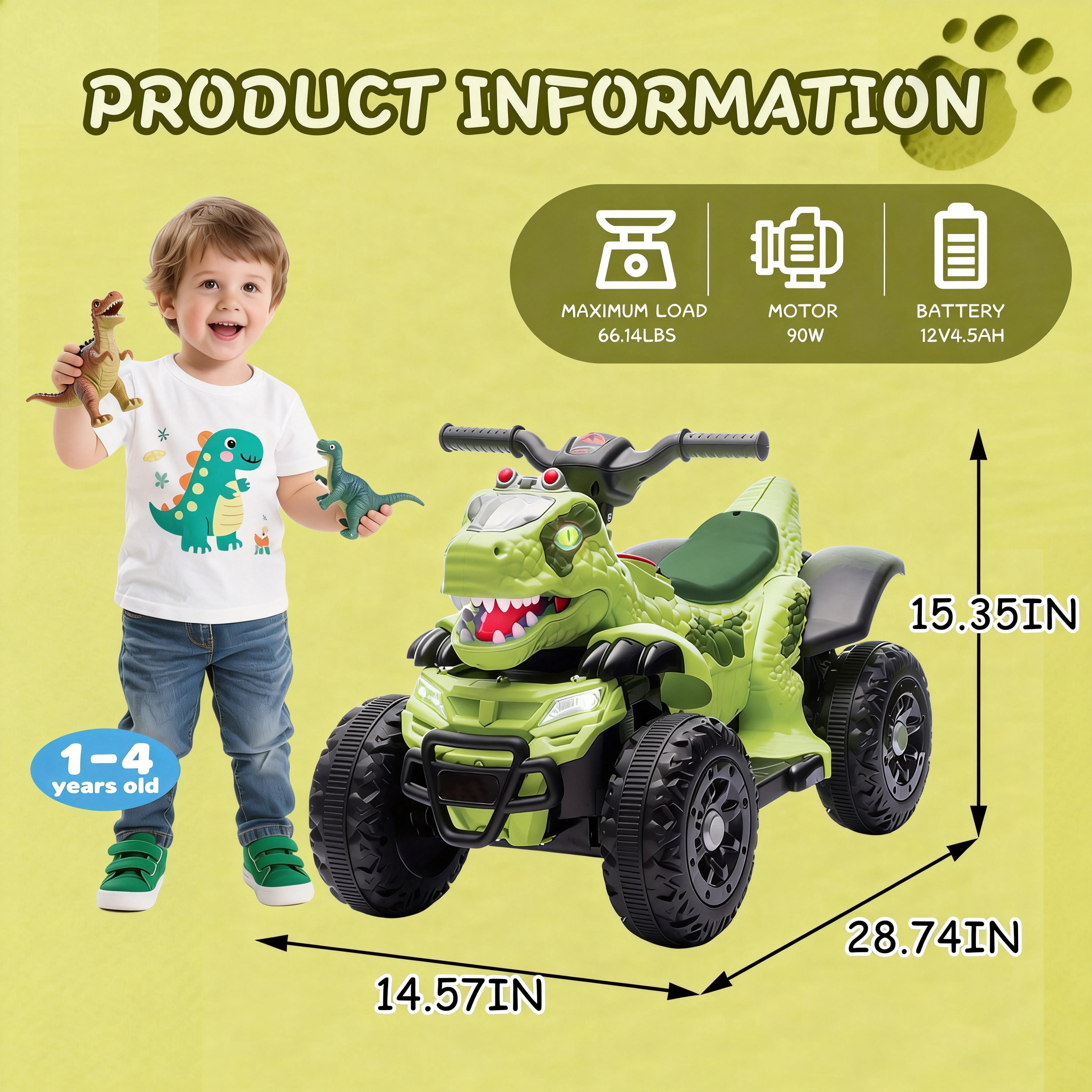 Track Seven 12V Electric Ride-On ATV, Dinosaur Four Wheeler Electric Car with Bluetooth, LED Lights, Music, Electric Quad Ride-On Toy Car for Toddlers Boys Girls Age 2+, Green