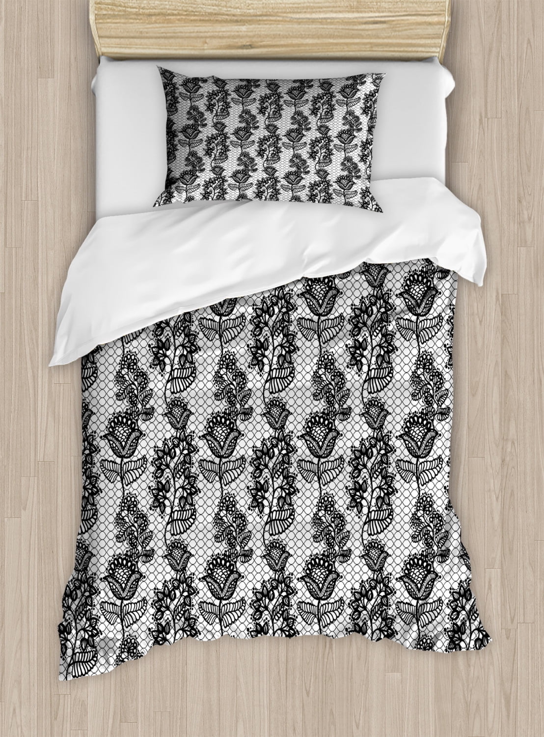 Black and White Twin Size Duvet Cover Set, Lace Style Victorian Flower