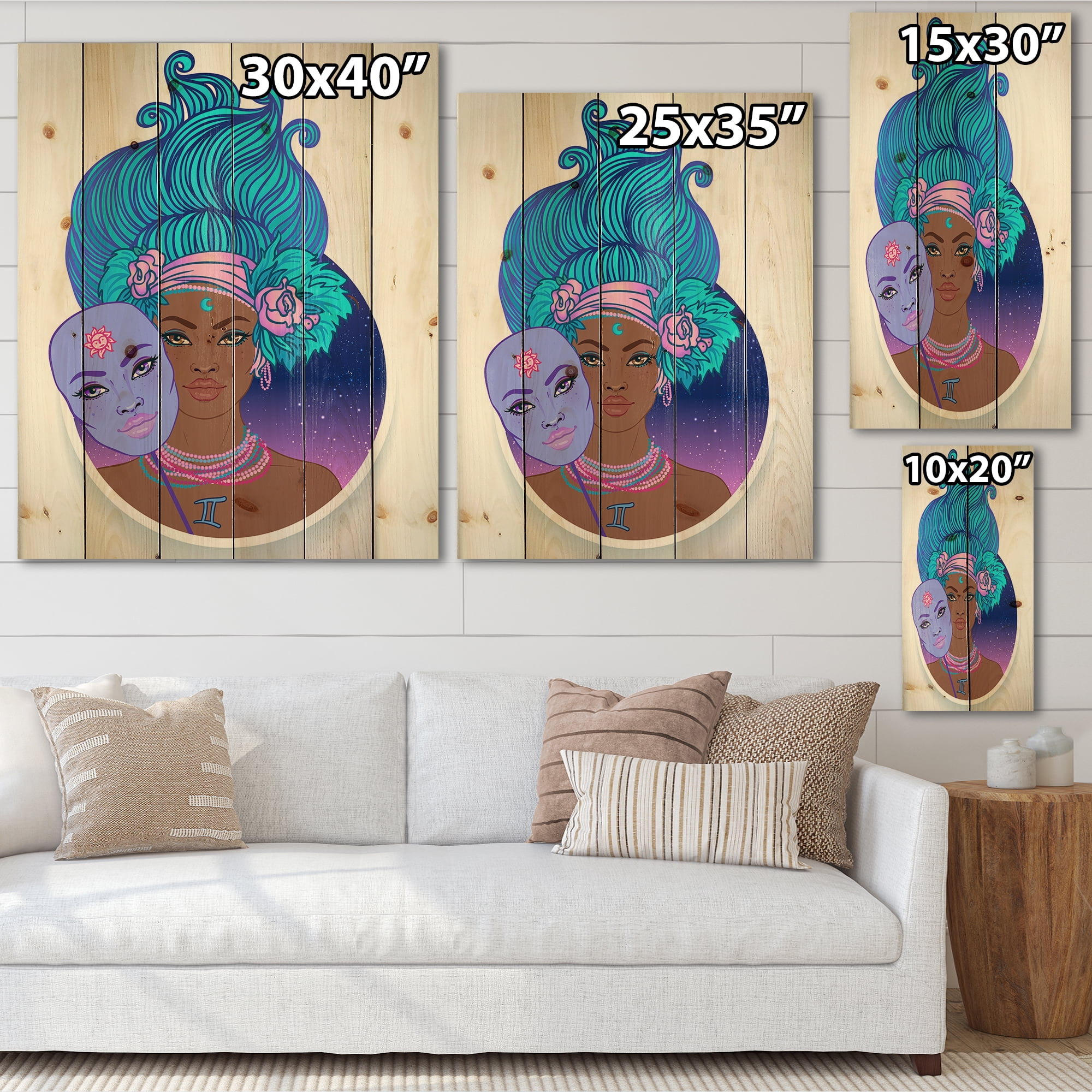 Designart 'Portrait of Afro American Girl With Blue Hair II' Modern Print on Natural Pine Wood