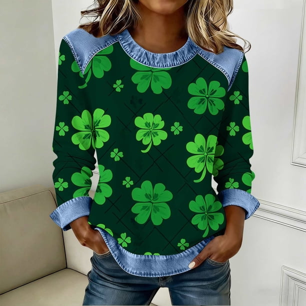 TaTaai Ladies Irish Festival Long Sleeve Top Spring Patchwork Design Round Neck Solid Color Casual Blouse Comfy Stretchy Shirt for St Patrick Holiday Outfits Gift
