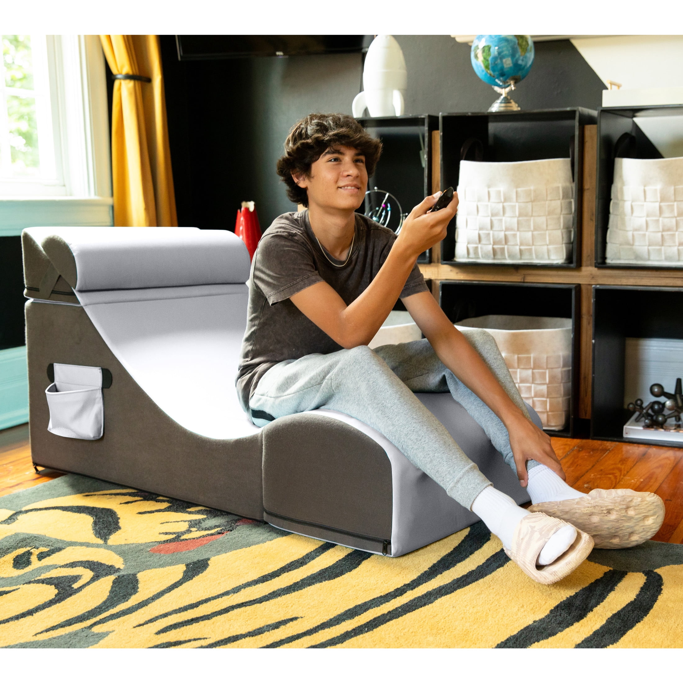 Jaxx Flexx V-Tex Convertible 3 in 1 Gamer Chair, Table, & Ottoman w/ Adjustable Headrest & Pocket - Vinyl Submarine Grey