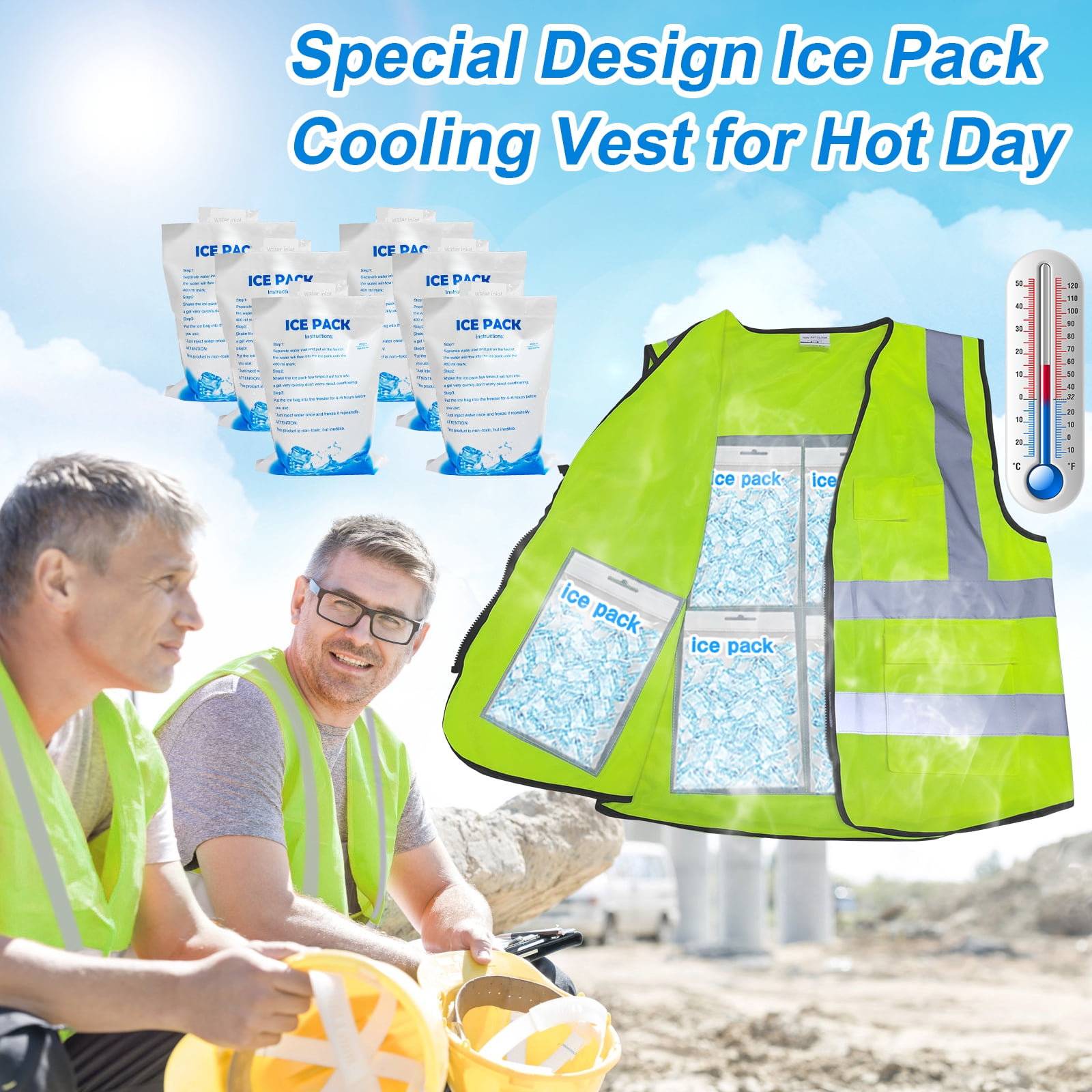Cooling Safety Vest with Ice Packs - Construction Work Ice Cool Vest for Men Women with Multi-pockets