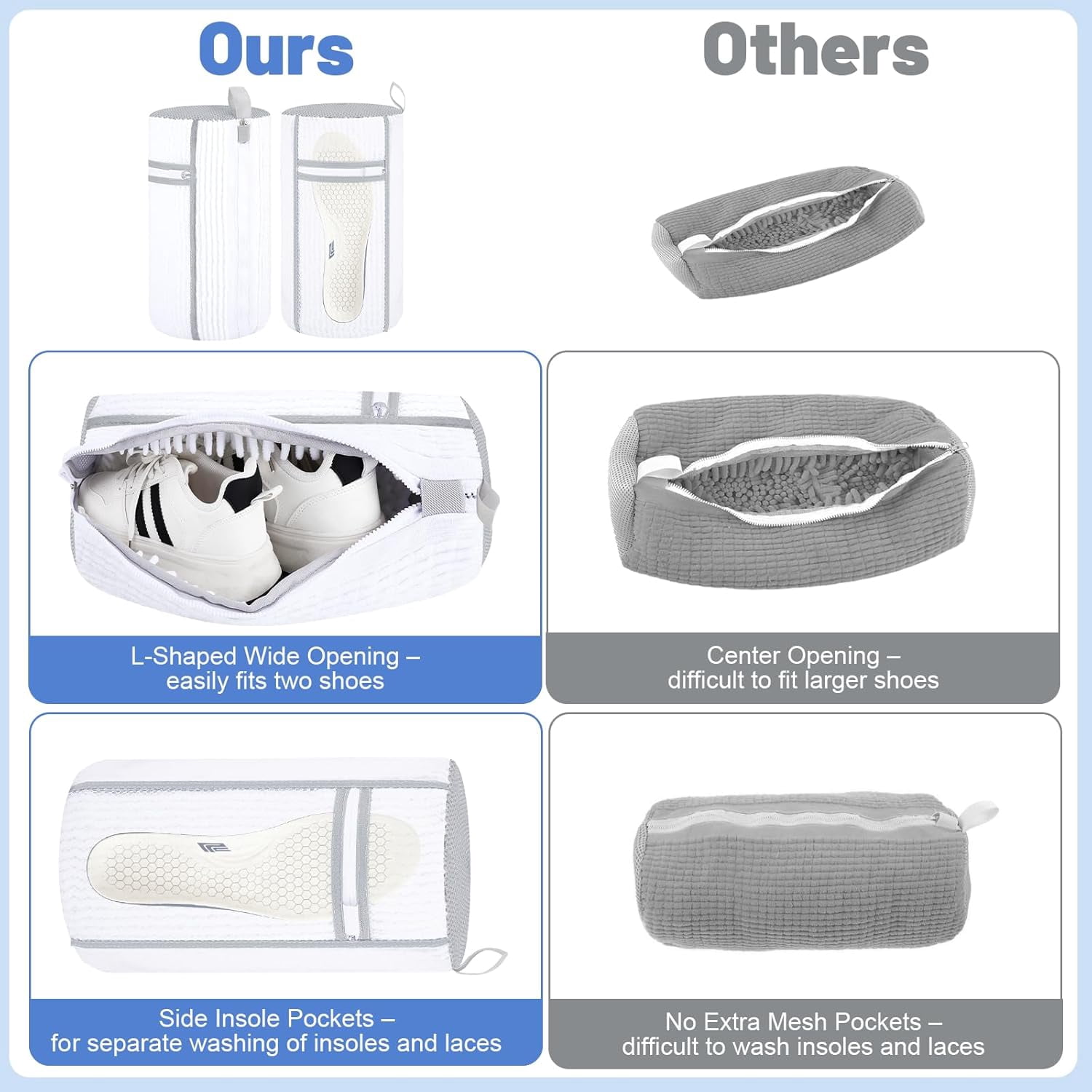 2 PCS Shoe Washing Machine Bag, Reusable L-shaped Zipper Laundry Bag for with Insoles Mesh Pocket Washer and Dryer, Cleaning Bags Sneaker Tennis Shoes