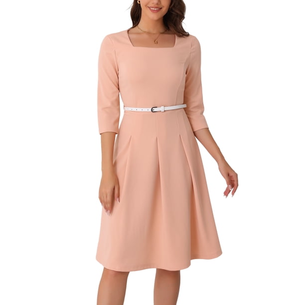 INSPIRE CHIC Vestido Midi de Iglesia Elegante de Cuello Cuadrado con Manga 3/4 y Cinturón con Pliegues en Color Rosa