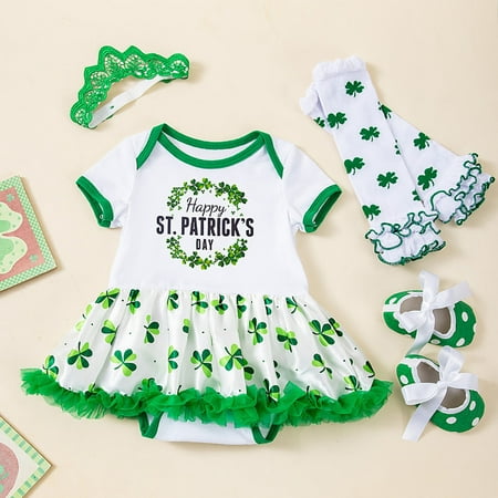 NaWent Up to 65% off 4Pcs Baby Girls St. Patricks Day Outfit Newborn Cotton Shamrock Bodysuit Romper Green 0-3Month
