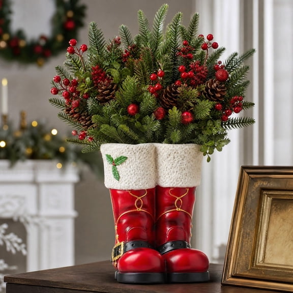 Byndra Santa Boots Tabletop Centerpiece, Christmas Decoration Indoor, Resin Holiday Boot Vase with Artificial Pine Cones and Berry Decor