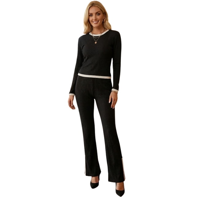 Conjunto 2 Piezas Blusa de Manga Larga y Pantalón Recto, Elegancia Casual y Comodidad Total Look Chic para Mujer