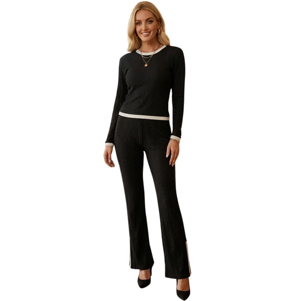 Conjunto 2 Piezas Blusa de Manga Larga y Pantalón Recto, Elegancia Casual y Comodidad Total Look Chic para Mujer