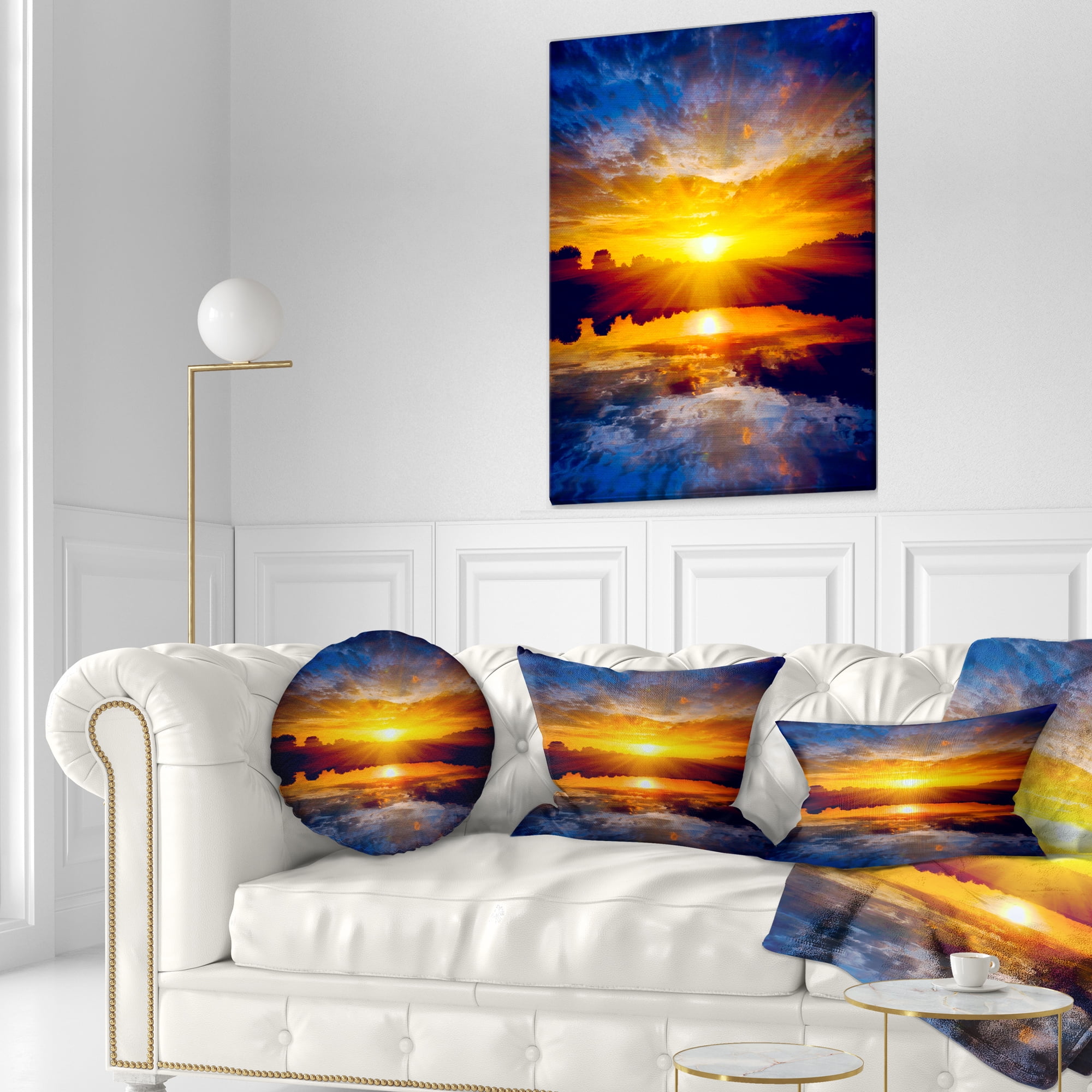 Designart Bright Yellow Sunset Over Lake - Seashore Throw Pillow - 12x20