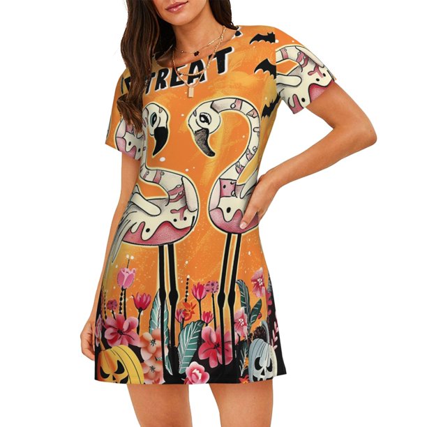 Disketp Halloween Flamingos para Camisón Corto de Manga Corta para Mujeres, Camisón Cómodo con Escote Redondo, Bonito y Confortable