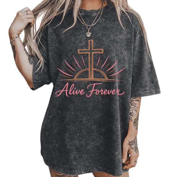 UNISHE Women's Alive Forever Cross Sunrise Christian Vintage Washed T-Shirt Short Sleeve Crewneck Oversized Relaxed Fit Faith S-2XL Top