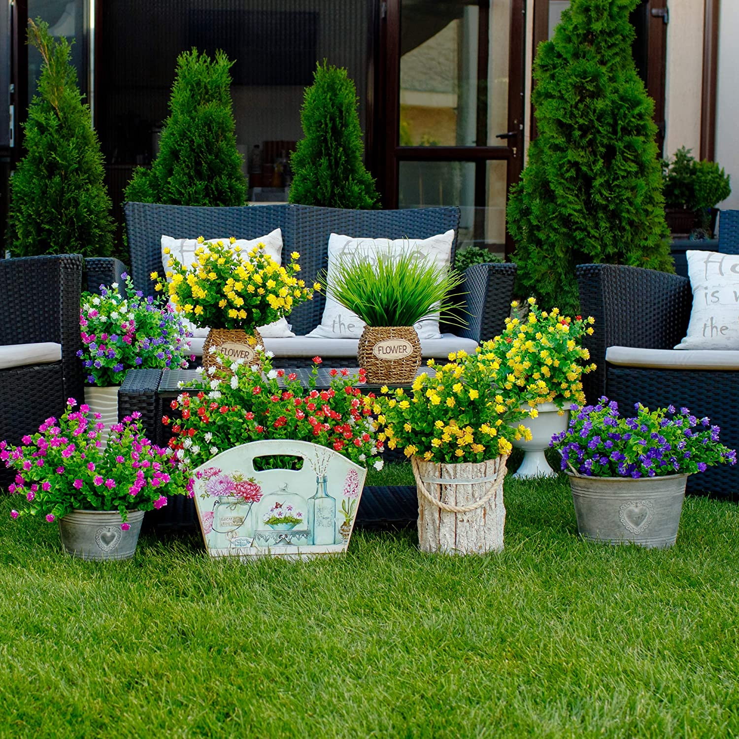 Viworld Artificial Wheat Grass Fake Outdoor Plants - 12 Bundles Artificial Greenery UV Resistant Bundles Faux Plastic Flowers Shrubs Tall Stems for Home Porch Patio Decorations Weddings (Green Grass)