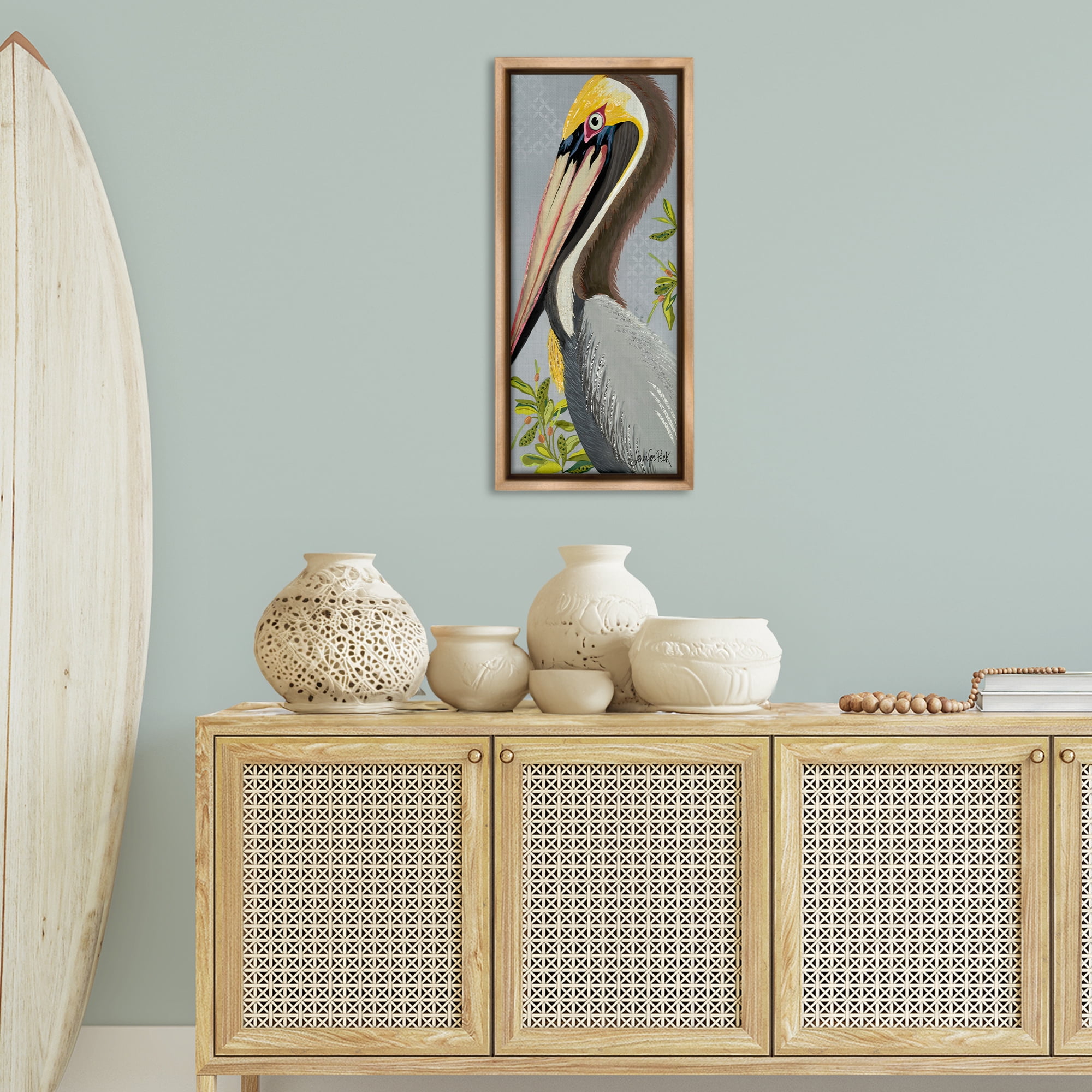 Stupell Industries Pelican on Grey Animals & Insects Painting Brown Floater Framed Canvas Art Print Wall Art, 15 x 31