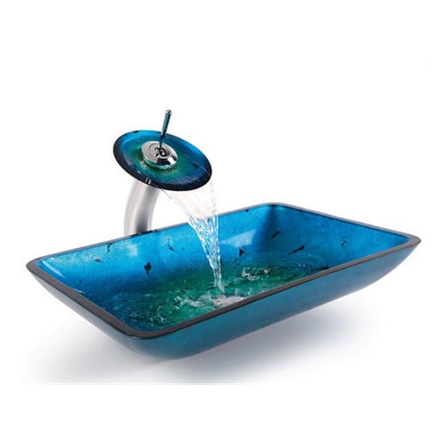 Kraus C Gvr 204 Re 10ch 15mm Rectangular Galaxy Fire Blue Glass Sink Kraus C Gvr 204 Re 10ch 15mm Rectangular Galaxy Fire Blue Glass Sink With Chrome Waterfall Faucet