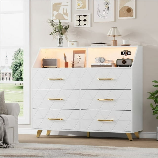 Commode à 6 Tiroirs avec Station de Recharge et Tablette de Rangement, Commode en Bois avec 5 Pieds en Métal