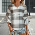 thumbnail image 3 of Gingham Hearts Flowers Design Women's V-Neck Blouse With 3/4 Ruffled Bell Sleeves Casual Top Ladies Blouses, 3 of 7