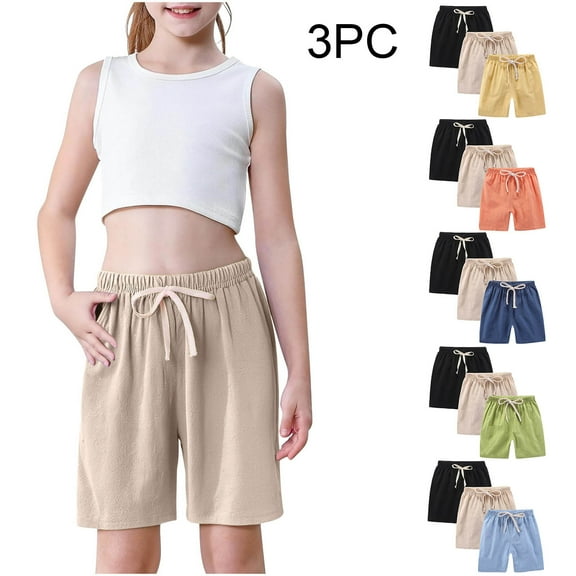 Einccm 3 Pack Kids Cotton Linen Shorts, Toddler Boys Girls Casual Summer Active Sports Pants with Dstring Waist and Pockets for Daily Play, 2-10 Years