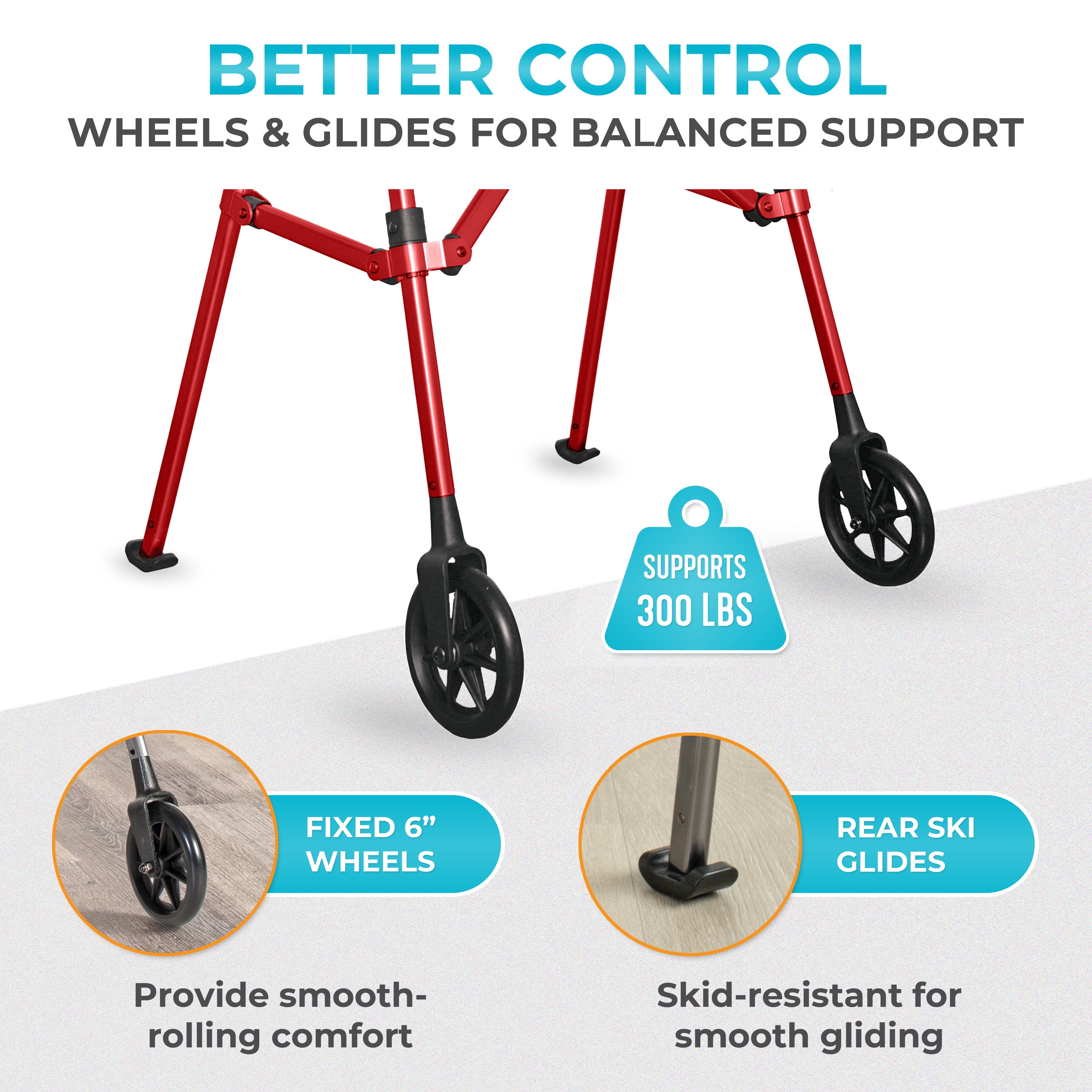 Stander Space Saver Walker, Lightweight Folding Walker for Seniors, Adult Walker with Wheels, Two Wheeled Rolling Walker with Rear Ski Glides, Sport Red
