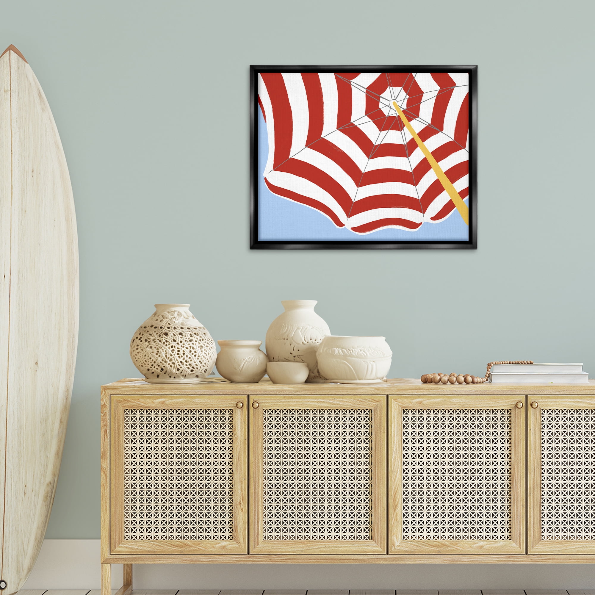 Stupell Industries Red & White Umbrella Coastal Painting Black Floater Framed Canvas Art Print Wall Art, 31 x 25