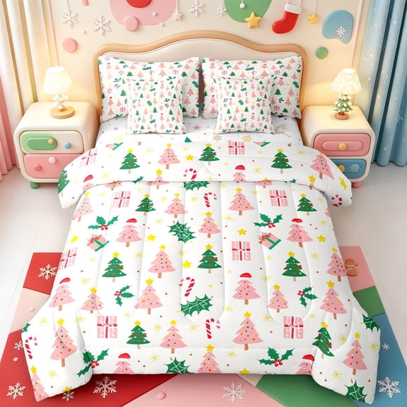 Manfei Christmas Candy Cane Pattern 7-Piece Twin Bedding,Holiday Tree Bedding Comforter Set,Xmas Reversible